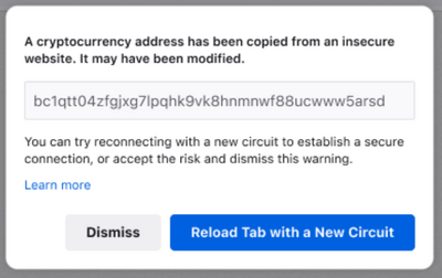Cryptocurrency safety dialog
