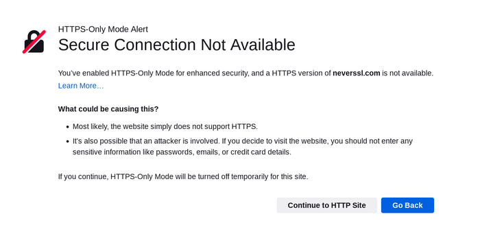 Warning about Secure Connection not available when visiting HTTP website