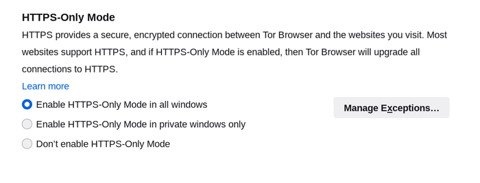 HTTPS-only mode setting in Tor Browser