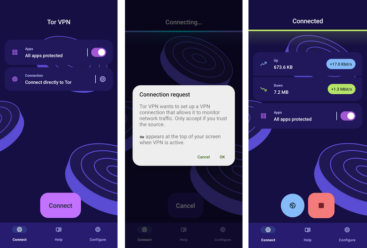 Screen sequence from first launch to Tor VPN connection established